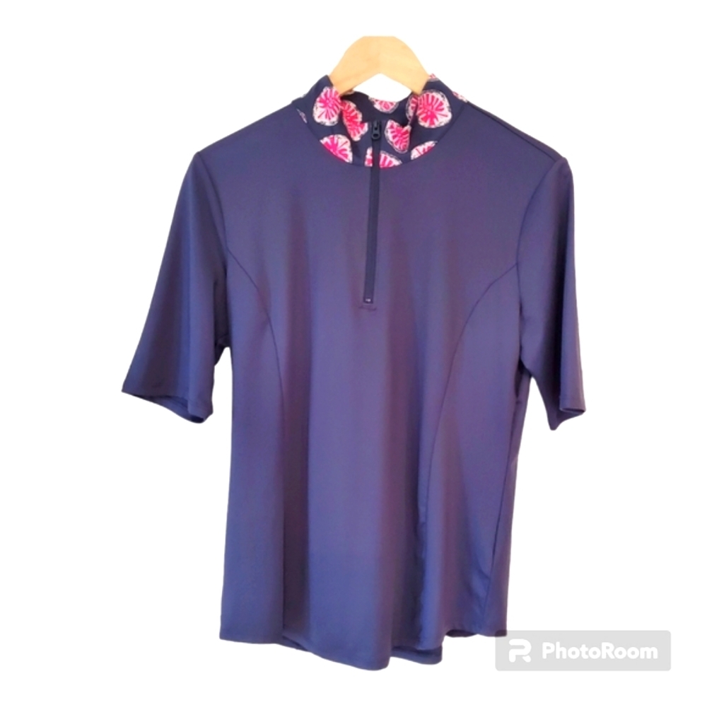 Tommy Bahama Golf Top Shirt Size Large Blue Pullover 1/4 Zip Floral Collar - Picture 1 of 14